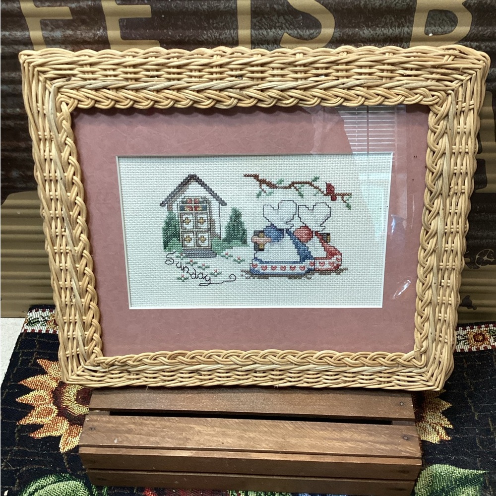 Charming Wicker Framed Cross Stitch Bonnet Girls Sunday Church Handmade Picture